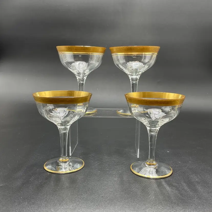 Fostoria Optic Champagne Sherbet Glasses #507 Nugget Etch Gold Encrusted Set 4