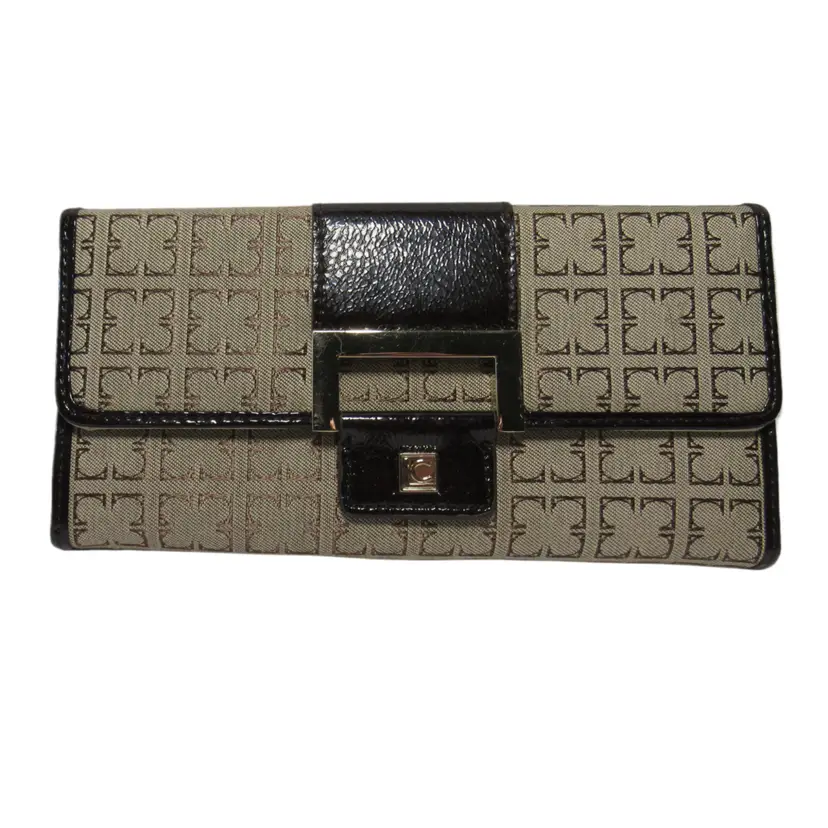 Liz Claiborne Beige Heritage Mosaic Trifold Wallet Clutch Snap Closure