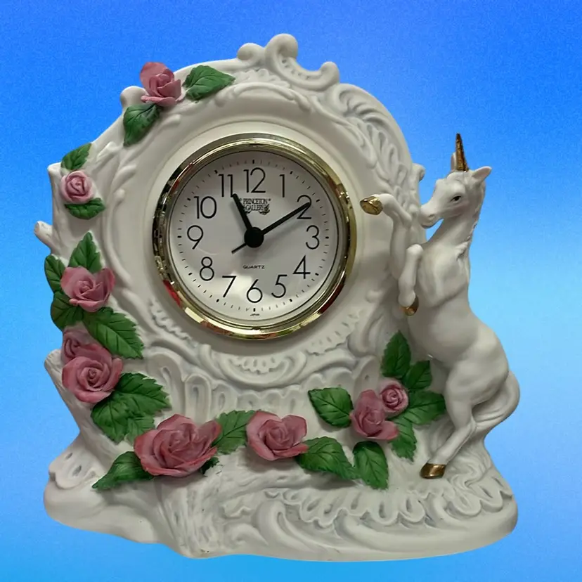 ELEGANT PORCELAIN UNICORN CLOCK FROM PRINCETON GALLERY "TIME OF THE UNICORN