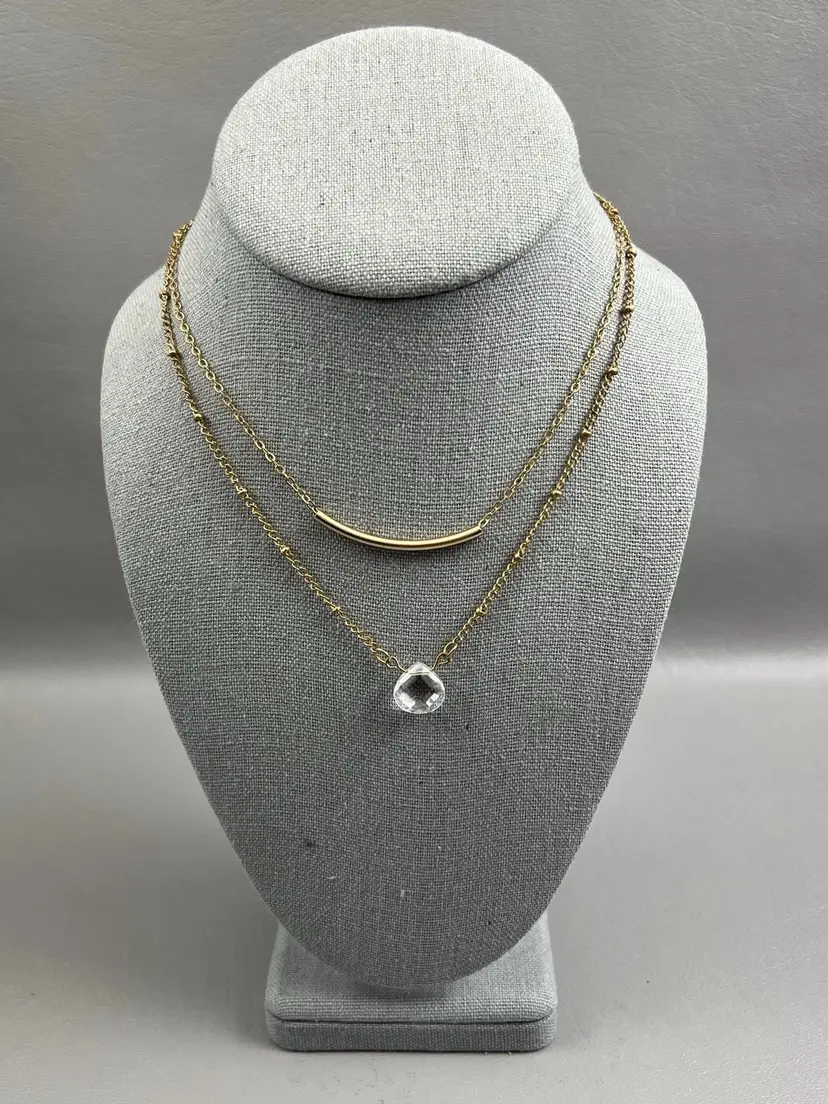 Gold Tone Layered Necklace Bar & Clear Acrylic Crystal Pendant Double Chain 14"