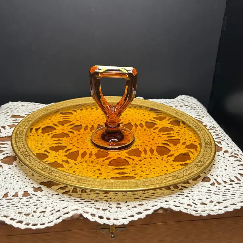 Vintage Amber Cambridge Depression Glass Oval Tray With Handle And Gold Scrolling On Rim And Handle Top