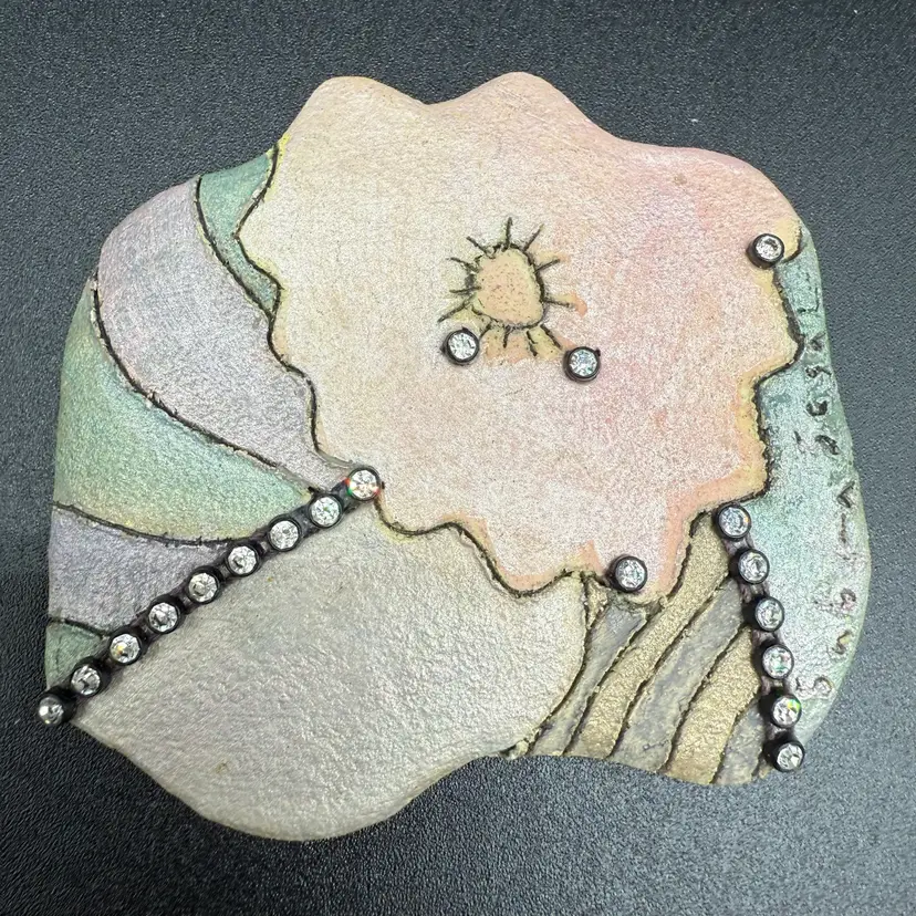 Sabra Segal Signed Handpainted Embellished Ceramic Brooch Pin 3”