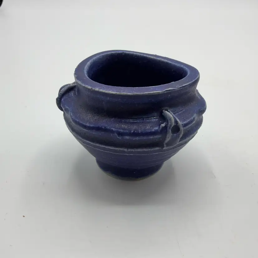 Tiny Signed Cobalt Blue Glaze Pottery Vase With Little Metal Flower Frog