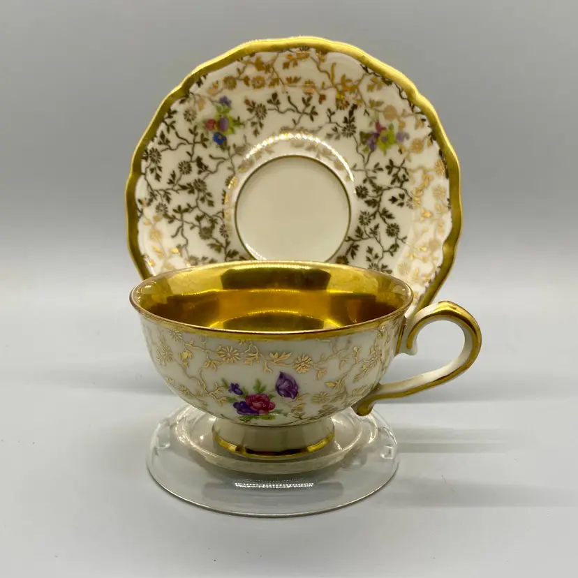Rudolf Wachter RW Bavaria Gilded Demitasse Teacup and Saucer with Display Stand