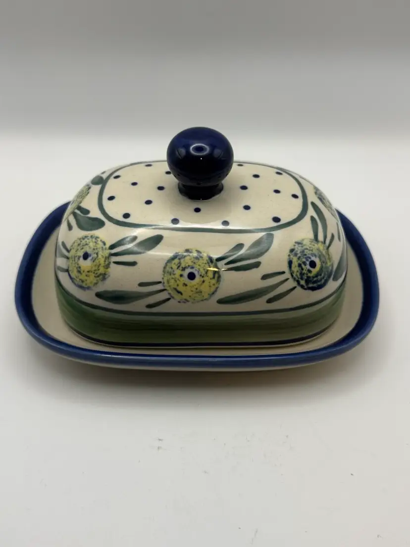 Polish Pottery Butter Dish ‘Lemon Swirl’ Pattern 4" x 6"