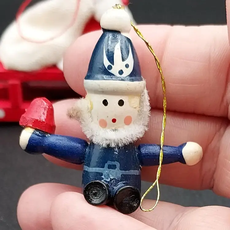 Set Of 4 Vintage Wooden Santa Ornaments