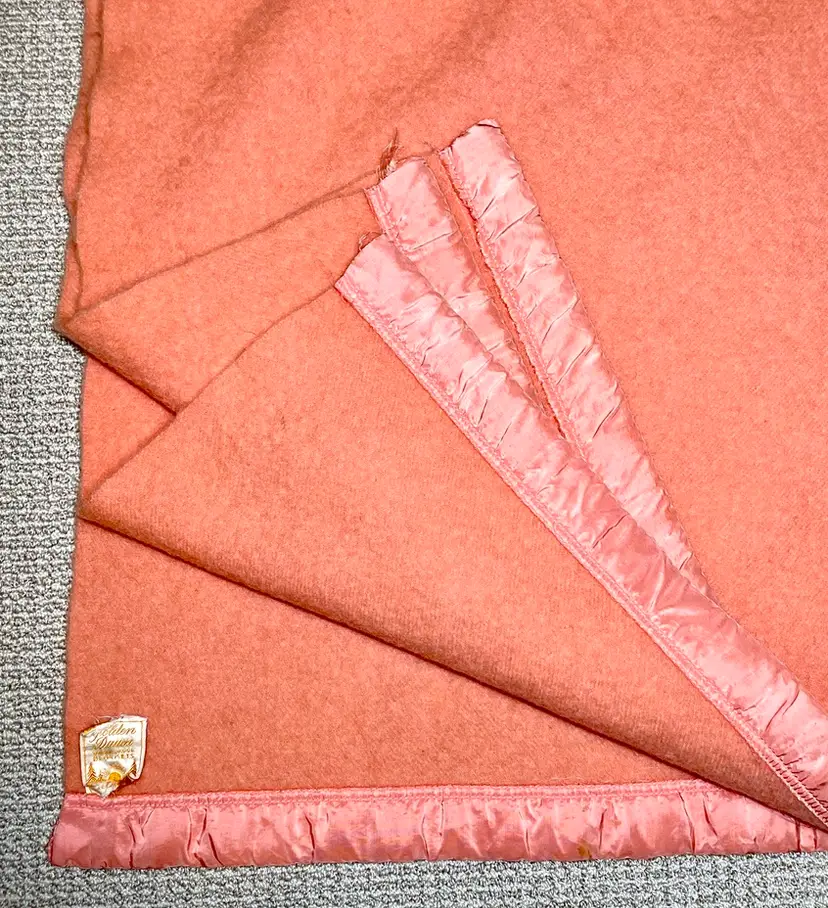 1950's Golden Dawn 100% Virgin Wool Blanket Pink Salmon Satin Trim 73.5"x61.5"