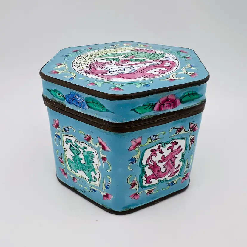 Vintage Chinese Hand Painted Enamel Metal Hexagon Trinket Box Tea Caddy Dragon Phoenix 3.25”x 4.25”