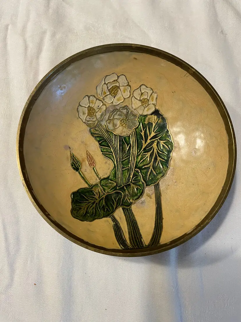Vintage India Brass Enameled  Trinket Bowl Dish 6" diameter