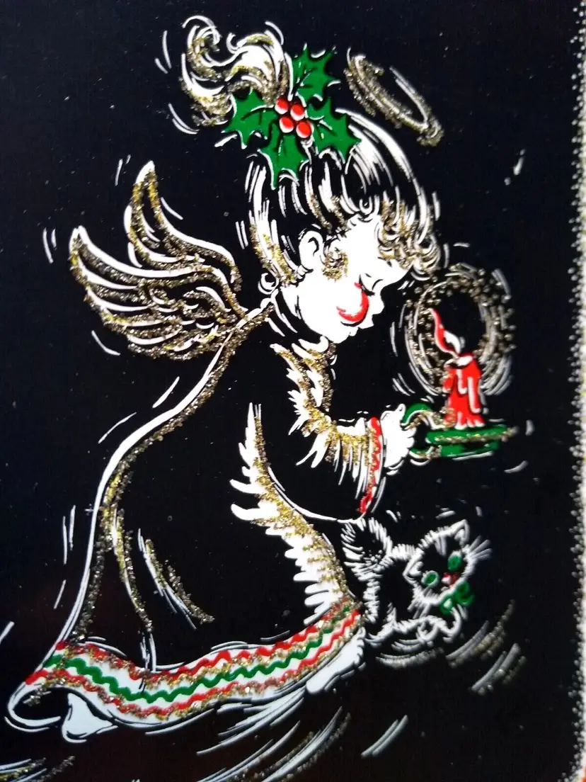 Christmas Greeting Card Gleam N Glitter Black Cat Angel Retro Mid Century Mod