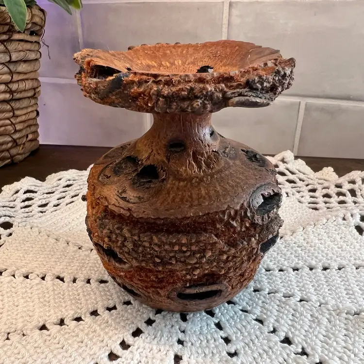 Vintage Banksia Nut Handmade Vase/Decor, unique hand carved Banksia Nut