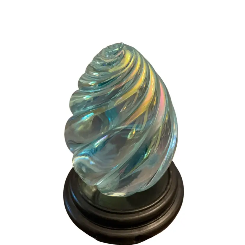 Vintage 1992 OBG (Ornamental Blown Glass) Iridescent Turquoise Swirl She’ll Paperweight 3.25 X 2.25