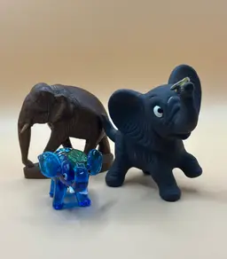 Lot Of 3 Elephant Figurines One Wood, One Glass, One Ceramic