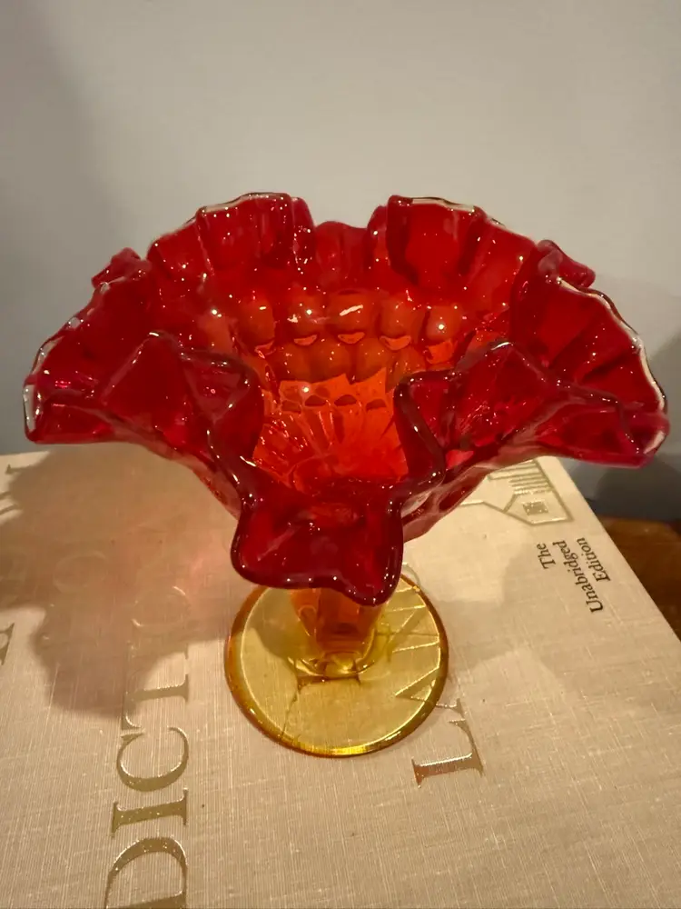 Fenton Amberina Ruffled Thumbprint Pedestal Compote Candy Dish