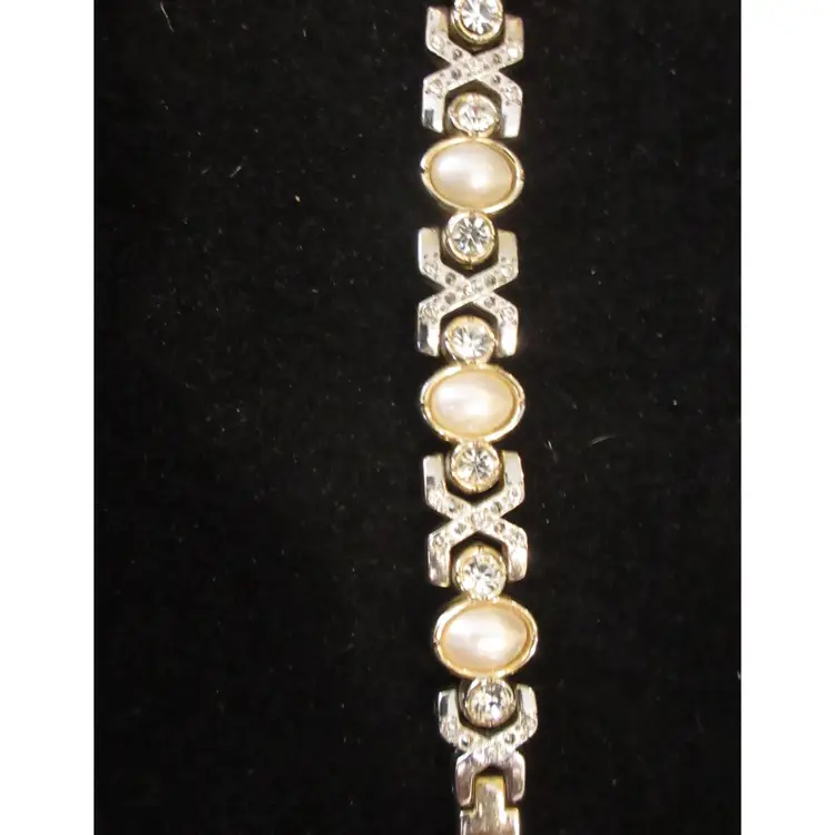 Vintage Crystal Rhinestone and Faux Pearl Silver Tone Metal Bracelet - 7.25 Inches Long