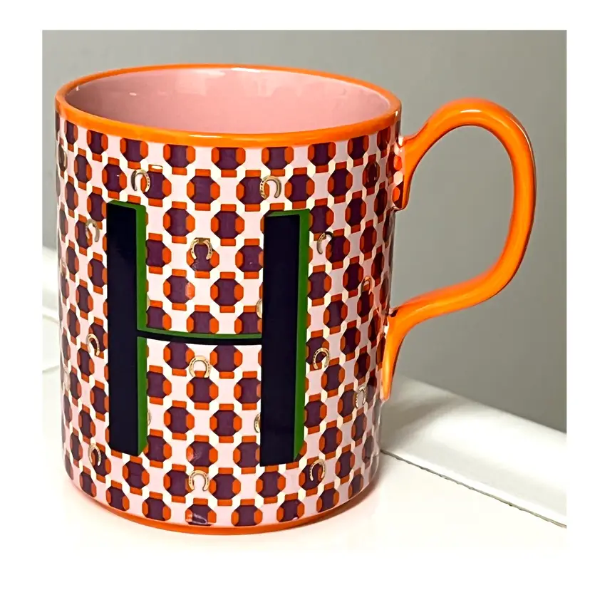 Anthropologie Parker Stoneware Geometric Monogram Letter H Orange Purple Coffee Mug MCM Style 4 in Height