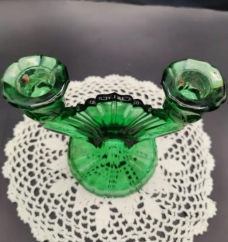Set of 2 1930's Jeanette Glass Ultramarine Double Green Candlestick Holders