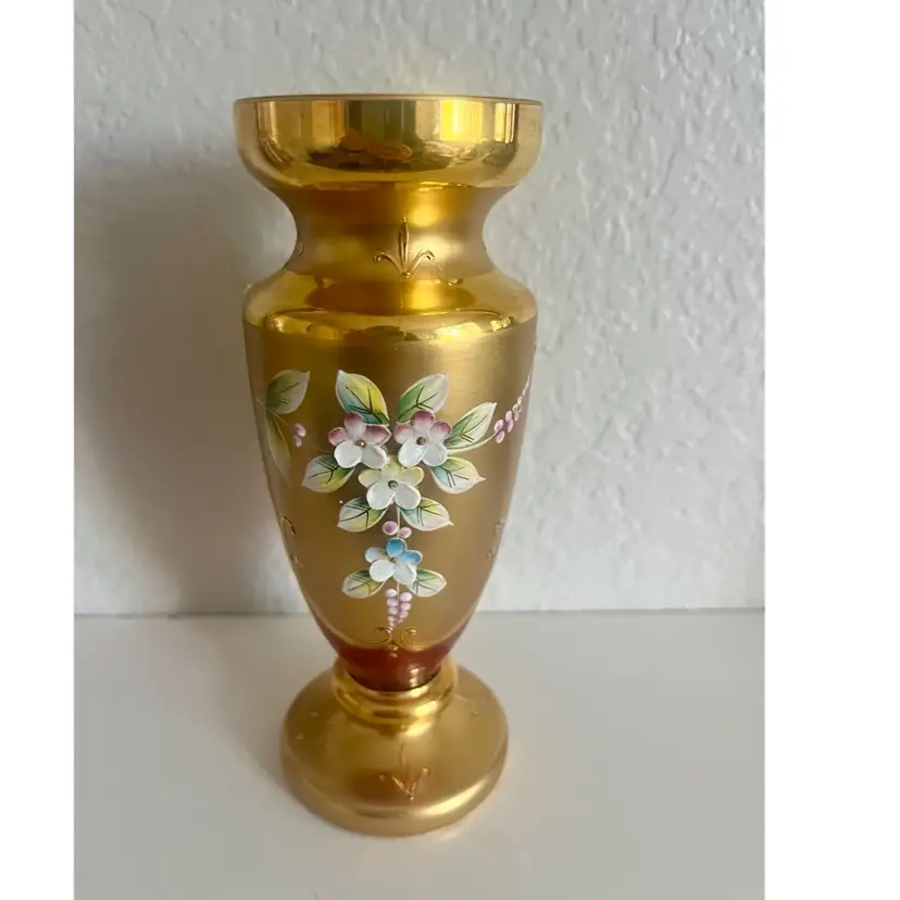 Vintage Bohemian Cranberry Glass Vase Gilded Hand Painted Flowers