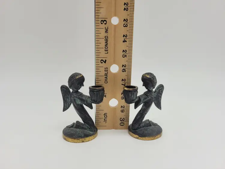 Walter Bosse Pair Of Mini Blackened Brass Angels Single Candle Holders