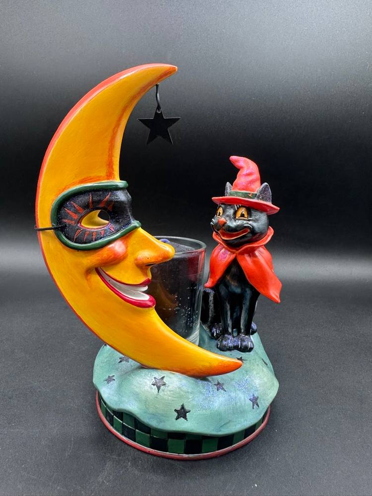 Retro Vintage Anthro Man In The Moon With Black Cat Votive Holder Halloween Decor