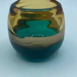 Art Glass Votive Holder 3.5” Amber Teal Beige Colors Thick Art Glass