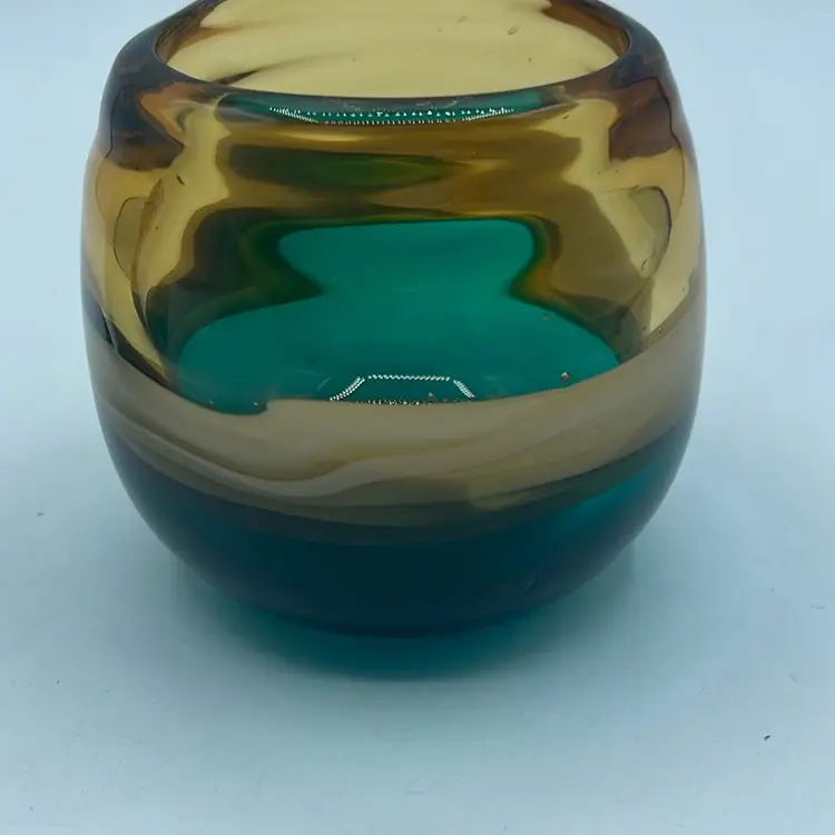 Art Glass Votive Holder 3.5” Amber Teal Beige Colors Thick Art Glass