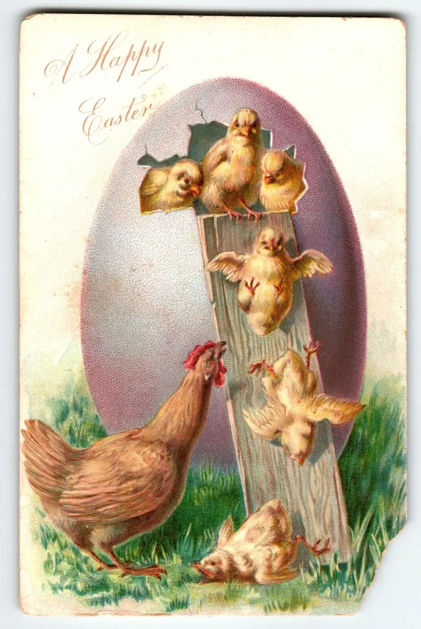 Easter Postcard Baby Chicks Sliding Down Board Large Purple Egg Rooster Tuck
