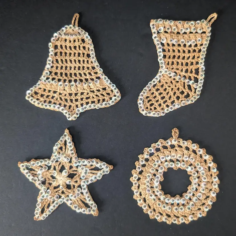 Vintage Handmade Crochet Christmas Ornaments Set Of 4 With Sequins