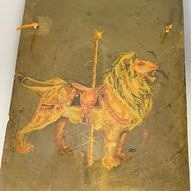 Carousel Lion Painting on Slate Large Wall Hanging Vintage Signed DDF 18.25x10"
