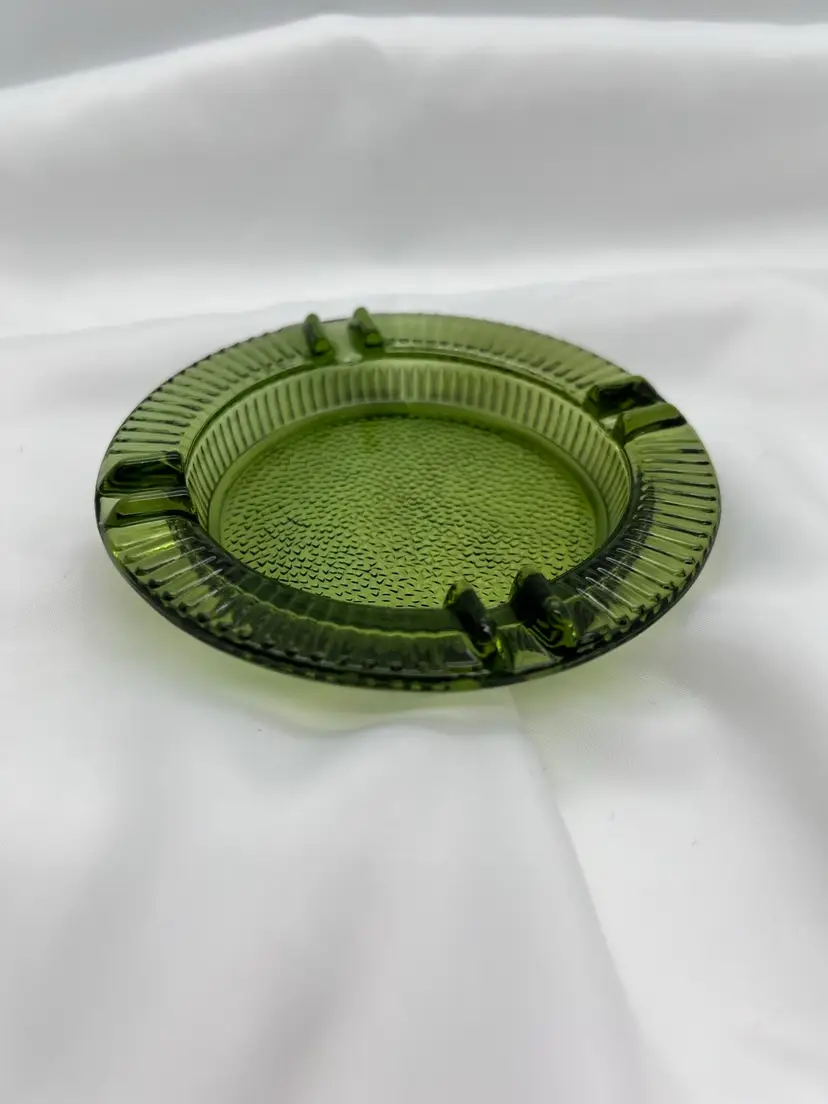#1022B Vintage MCM Green Glass Ashtray With Ridges On Edge.