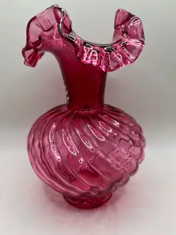 #03 Fenton Cranberry Spiral Ruffled Top, Optic Swirl Vase