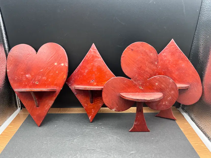 #1013B Set Of 4 Vintage Handmade Wooden Wall Shelves Shaped Like The Suits In A Deck Of Cards. Spade, Heart, Club, And Diamond
