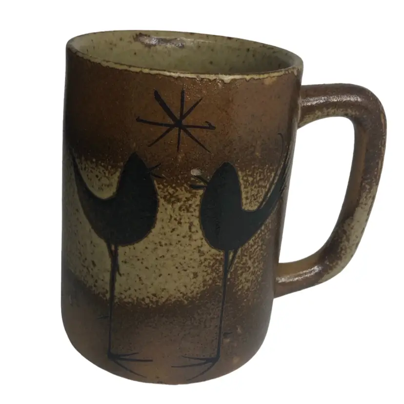 Brown Long Legged Birds Coffee Tea Pottery Mug Cup 