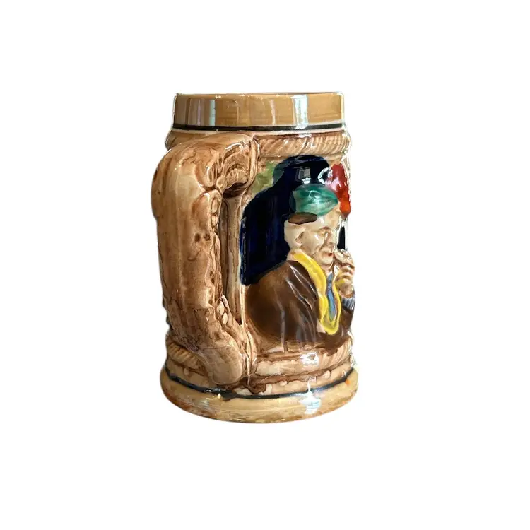 1970s Brown Man and Children Themed Ceramic Handled Beer Stein or Mug