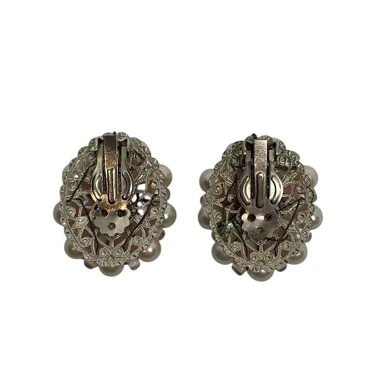 Pink Beaded Faux Pearl Clip On Earrings