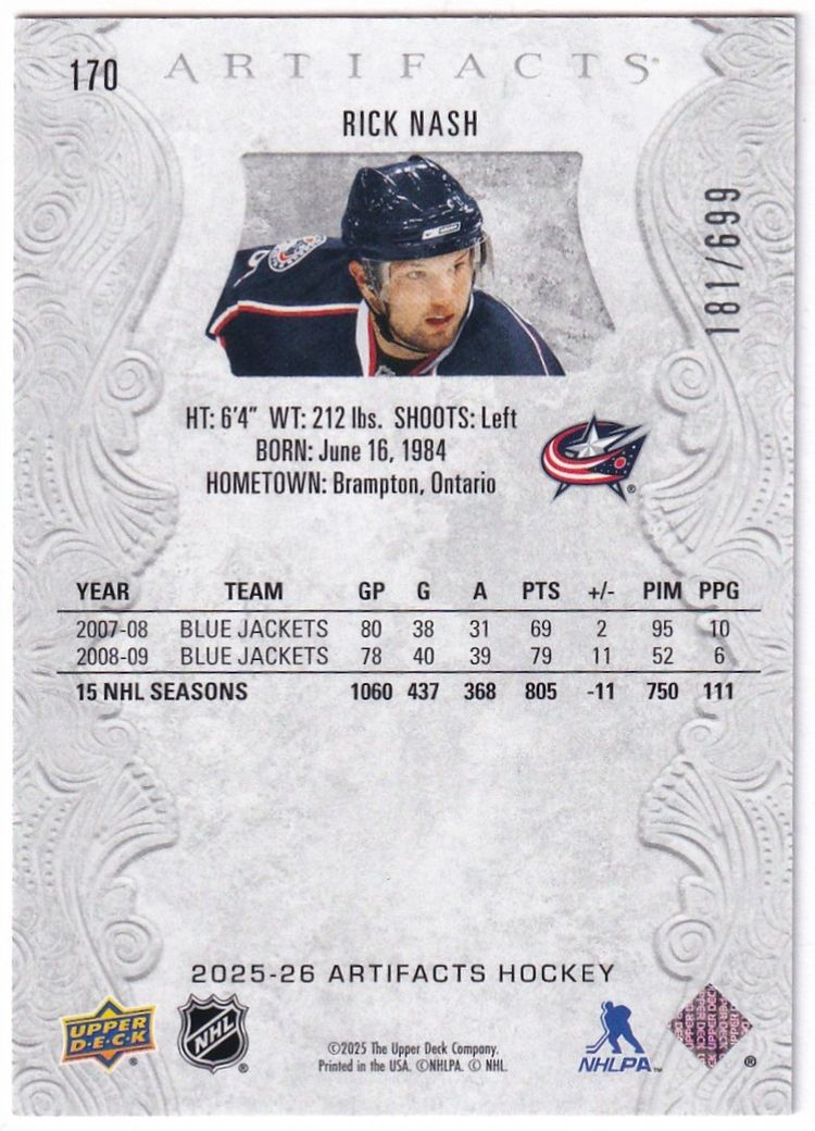 2025-26 Artifacts #170 Rick Nash Columbus Blue Jackets Hockey Card