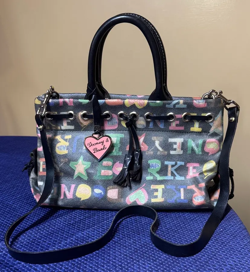 Dooney & Bourke Multicolor Graffiti Tassel Tote Satchel Heart Charm 12x7.5x4.5”
