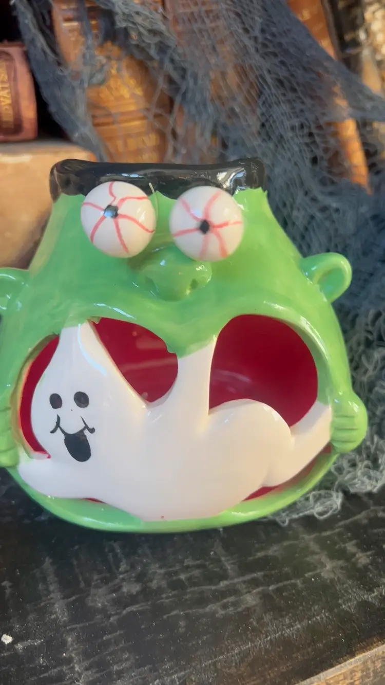 #B6- Ceramic Googly Eyed Frankenstein With Ghost, Tea, Light Holder Sponge Holder, Halloween Decor