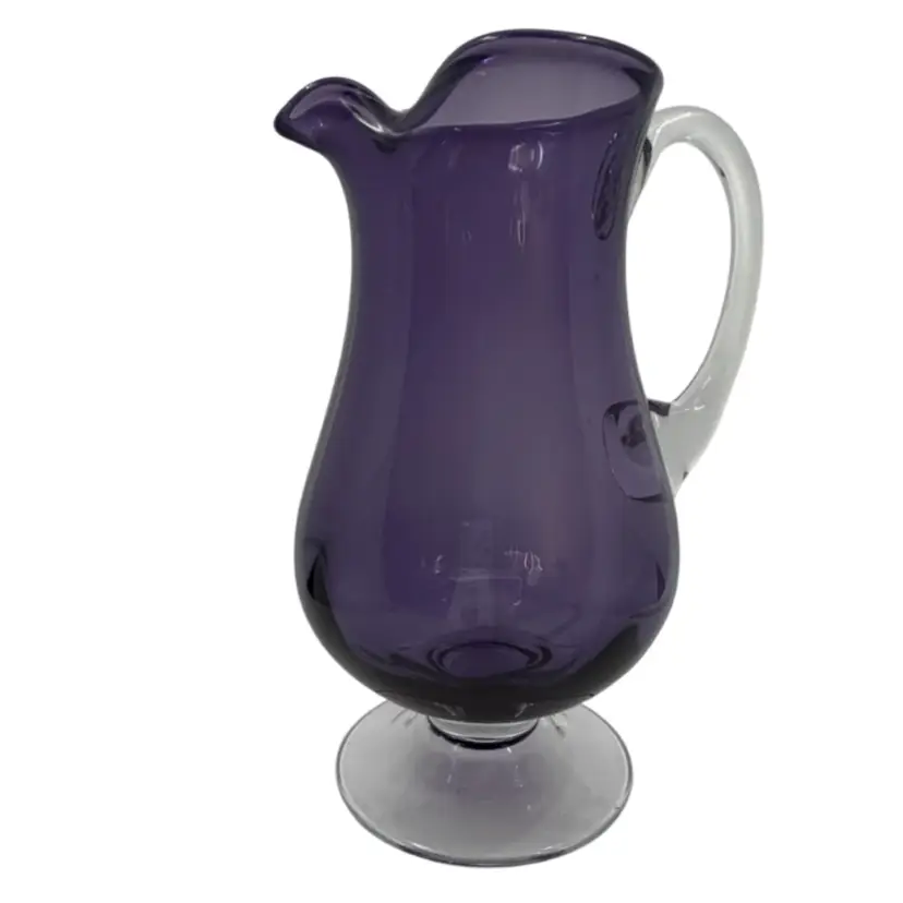 Hand Blown Pitcher Amethyst Ribbed Glass Pinched Spout  10.5"T