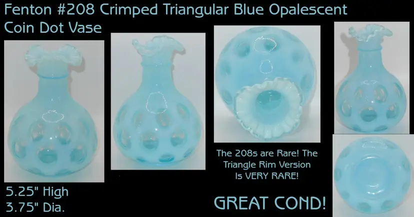 Fenton RARE Aqua Blue Opalescent Coin Dot Triangle Rim Vase #208, Scarce