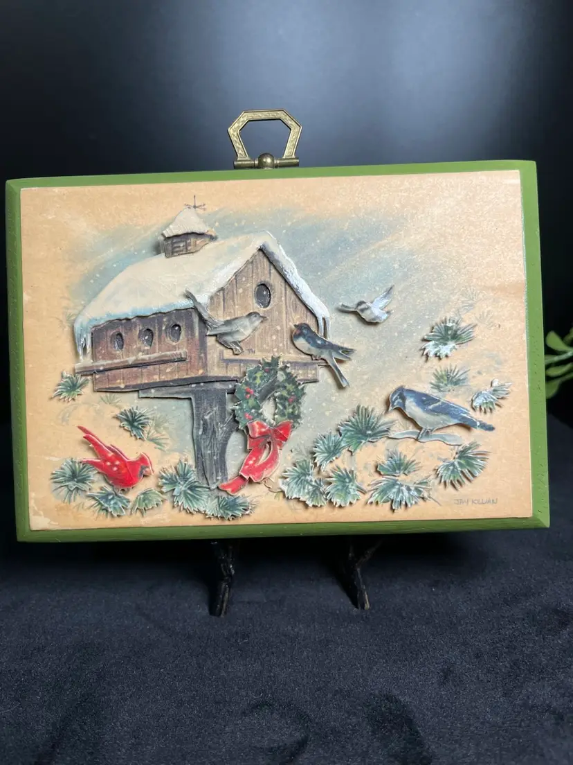 Jay Killian-Decorative wooden wall plaque featuring 3D Winter Scene w/ Cardinals, Bird House & Wreath