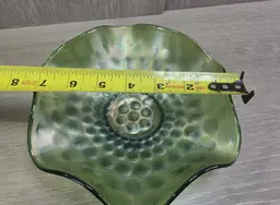 Vintage FENTON Coin Dot Carnival Glass Ruffle Edge Bowl Candy/Nut Dish Green 7”