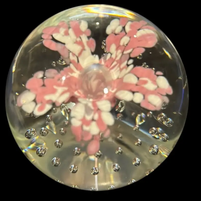 Clear Art Glass Pink & White Trumpet Flower Paperweight