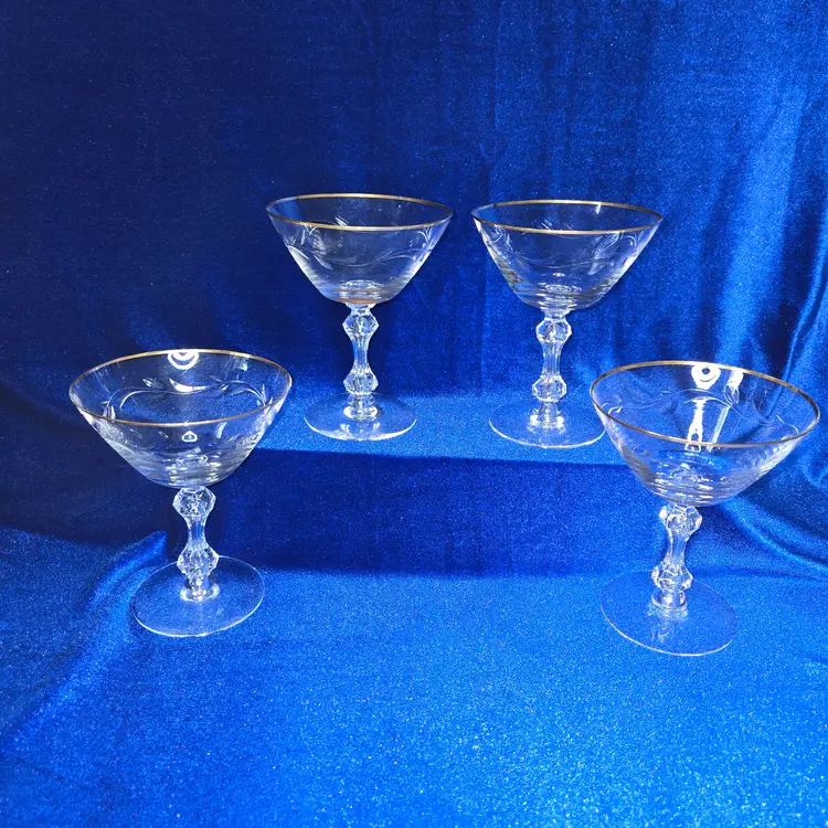 Tiffin Franciscan Champagne/Sherbet Glasses Crystal Gold Rimmed Etched Wheat Tall