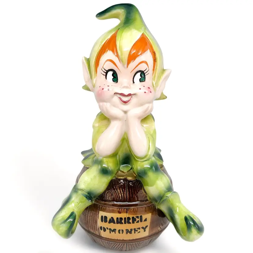 Lefton/Marika's Original "Barrel O' Money" Elf Coin Bank, Vintage 1950s, Made in Japan