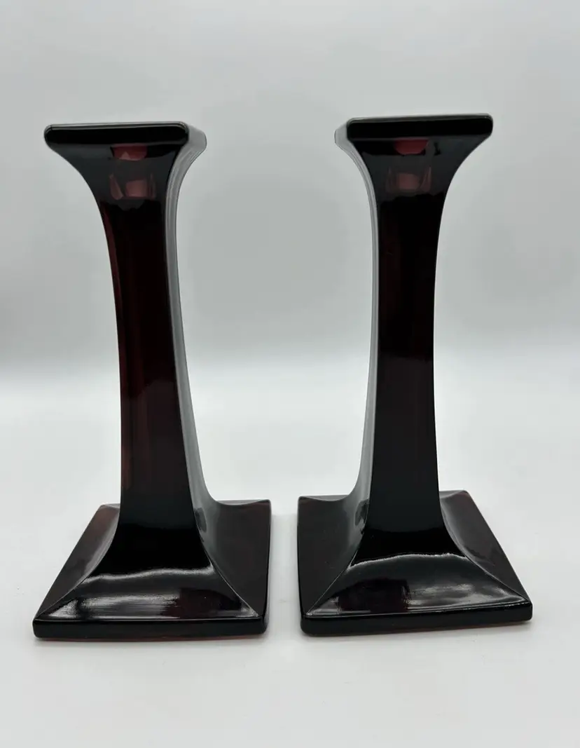 Vintage Pair of  Candle Holders in Amethyst Purple That Glow Green 8.25” Tall