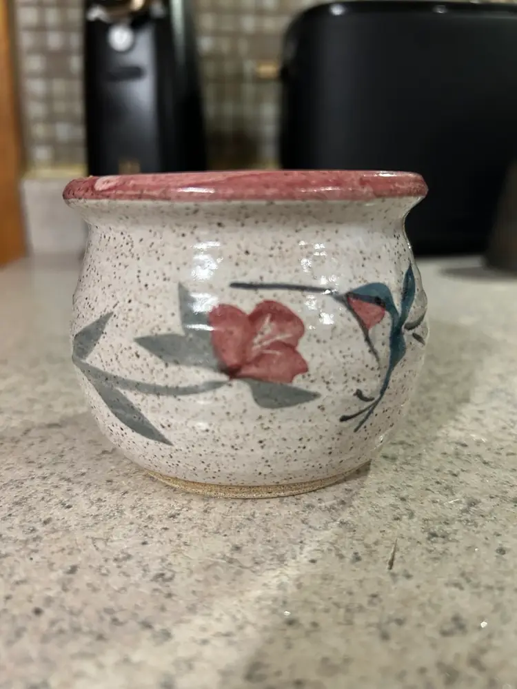 Vintage Hand-Painted Stoneware Tea- Light Holder with Floral Design, Signed