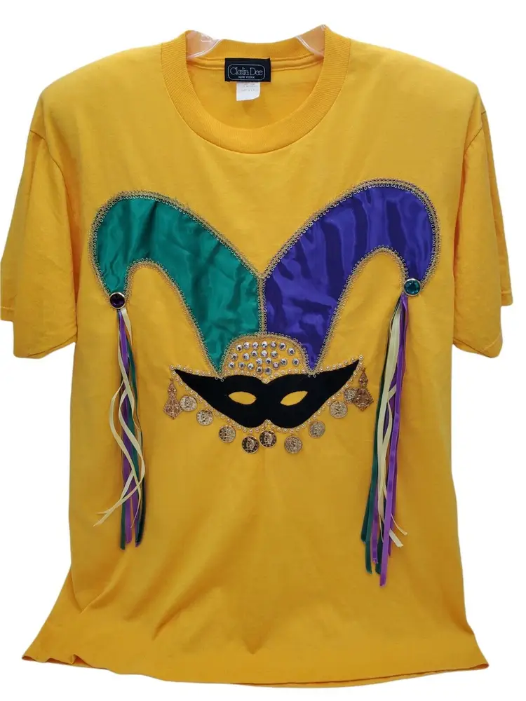 Clodia Dee Mardi Gras Shirt w/ Jester Jewels Fringe Bling XL Women's