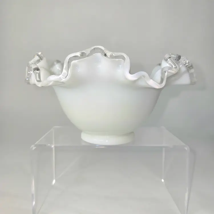 Fenton Silver Crest Bowl Ruffled Rim Milk Glass Fenton Sticker Vintage