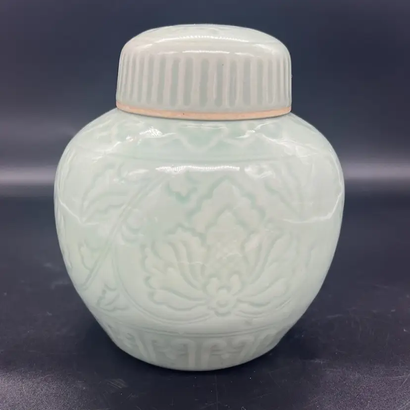 Vintage Celadon Ginger Jar With Lid Lotus Flower Floral Motif 6”